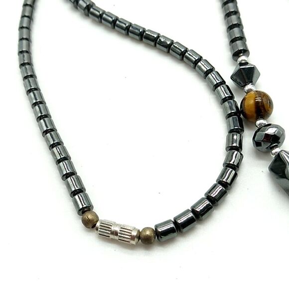 Men's/Unisex Hematite Beads & Lion's Head Pendant Necklace w/2 Cat's Eye Beads - Picture 4 of 14